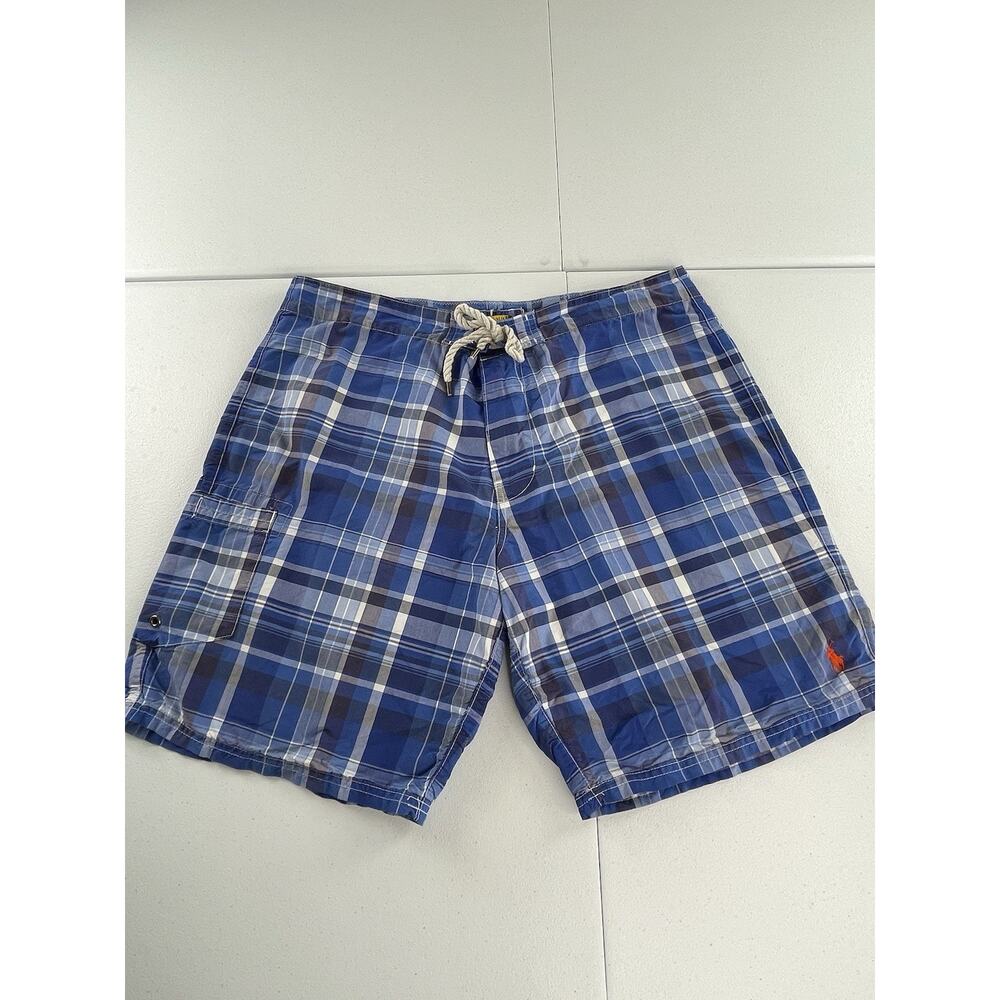 Polo Ralph Lauren Men's size 36 Blue Plaid Swimwear Board Shorts Unlined Zipper
